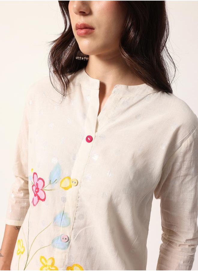 Women's Off White Cotton Textured Tunic Full Palazzo Regular Fit Kurta Set