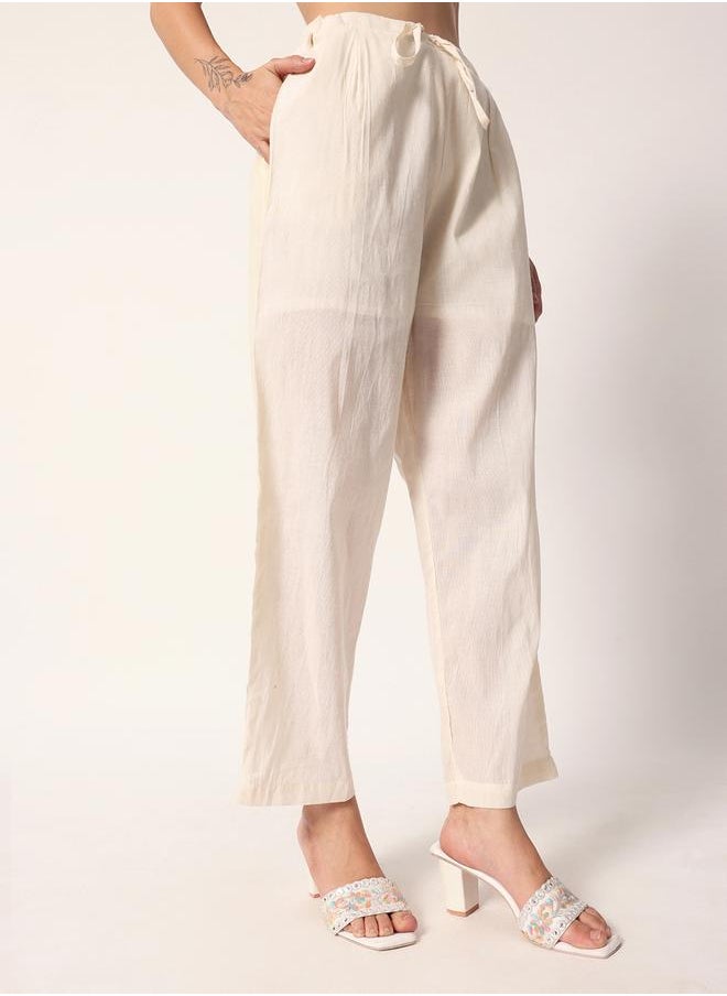 Women's Off White Cotton Textured Tunic Full Palazzo Regular Fit Kurta Set