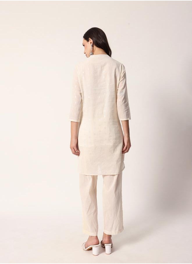 Women's Off White Cotton Textured Tunic Full Palazzo Regular Fit Kurta Set