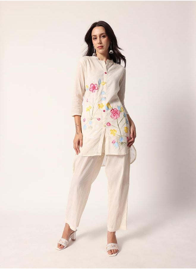 Women's Off White Cotton Textured Tunic Full Palazzo Regular Fit Kurta Set