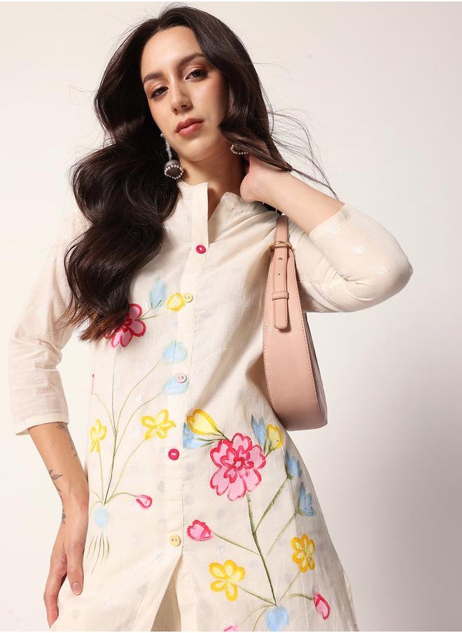 Women's Off White Cotton Textured Tunic Full Palazzo Regular Fit Kurta Set