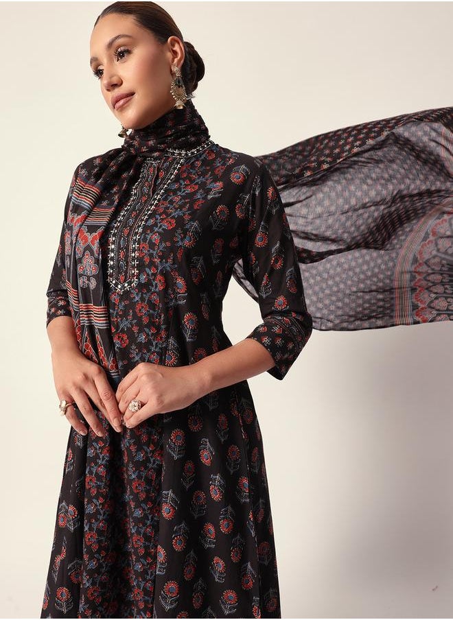 Women's Black Cotton Textured Tunic Full Palazzo Regular Fit Kurta Set