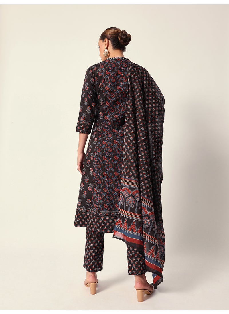 Women's Black Cotton Textured Tunic Full Palazzo Regular Fit Kurta Set