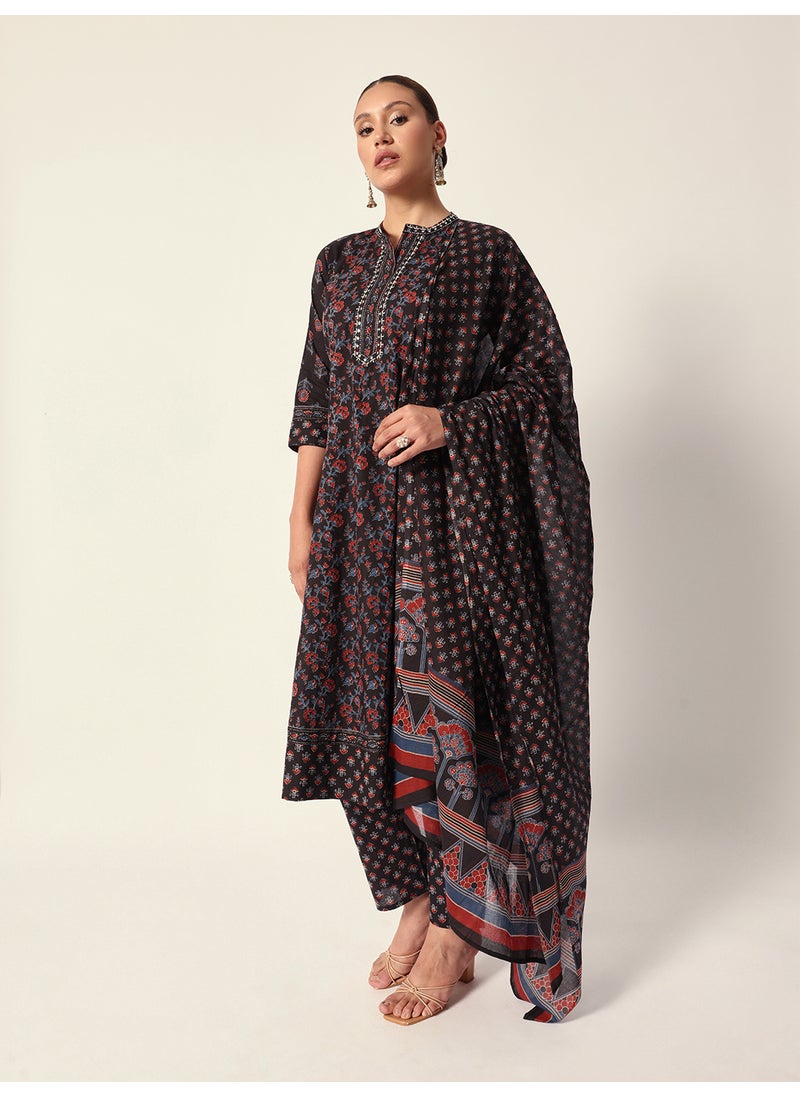 Women's Black Cotton Textured Tunic Full Palazzo Regular Fit Kurta Set