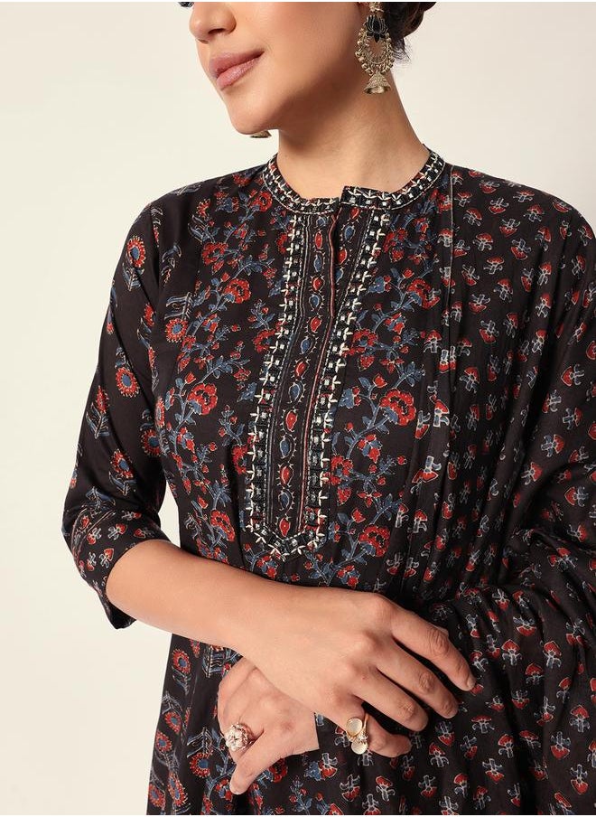 Women's Black Cotton Textured Tunic Full Palazzo Regular Fit Kurta Set
