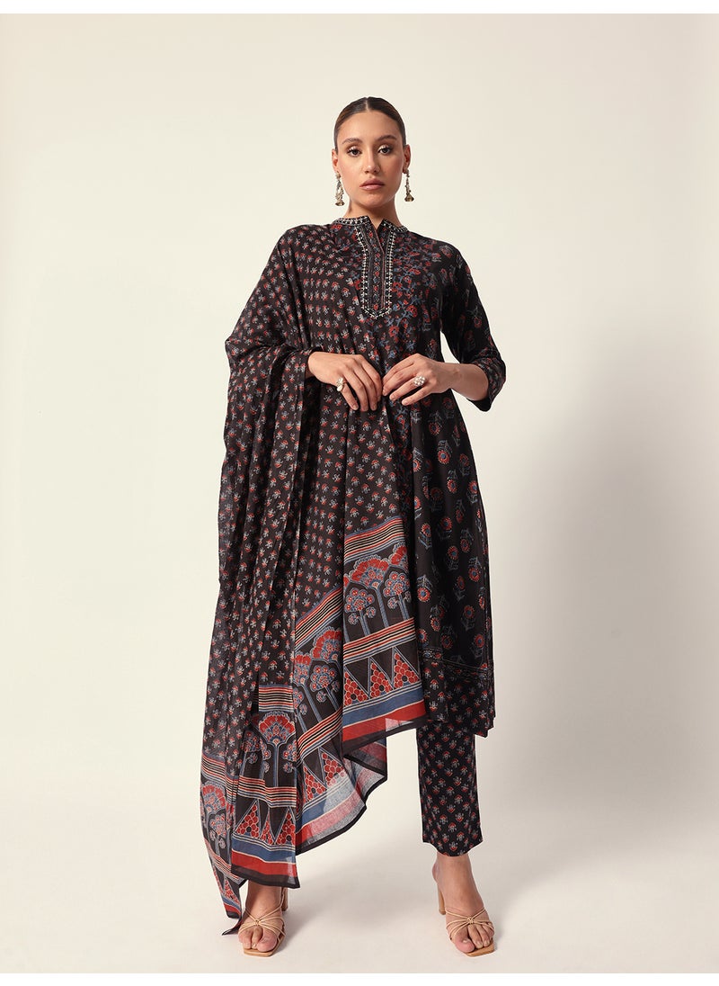 Women's Black Cotton Textured Tunic Full Palazzo Regular Fit Kurta Set