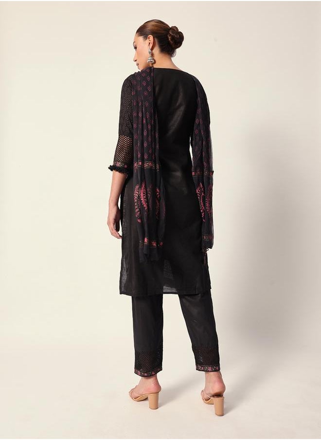 Women's Black Cotton Textured Tunic Full Palazzo Regular Fit Kurta Set