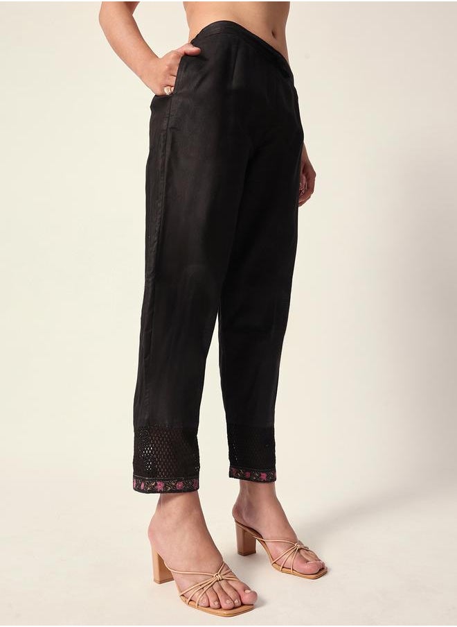 Women's Black Cotton Textured Tunic Full Palazzo Regular Fit Kurta Set