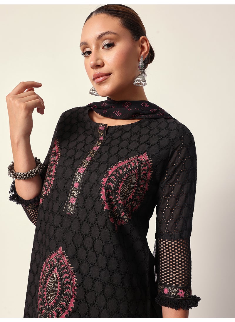 Women's Black Cotton Textured Tunic Full Palazzo Regular Fit Kurta Set