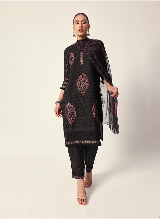 Women's Black Cotton Textured Tunic Full Palazzo Regular Fit Kurta Set