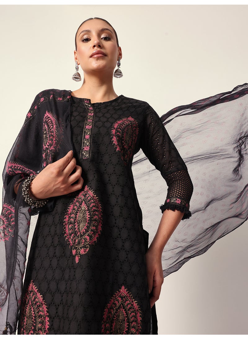 Women's Black Cotton Textured Tunic Full Palazzo Regular Fit Kurta Set