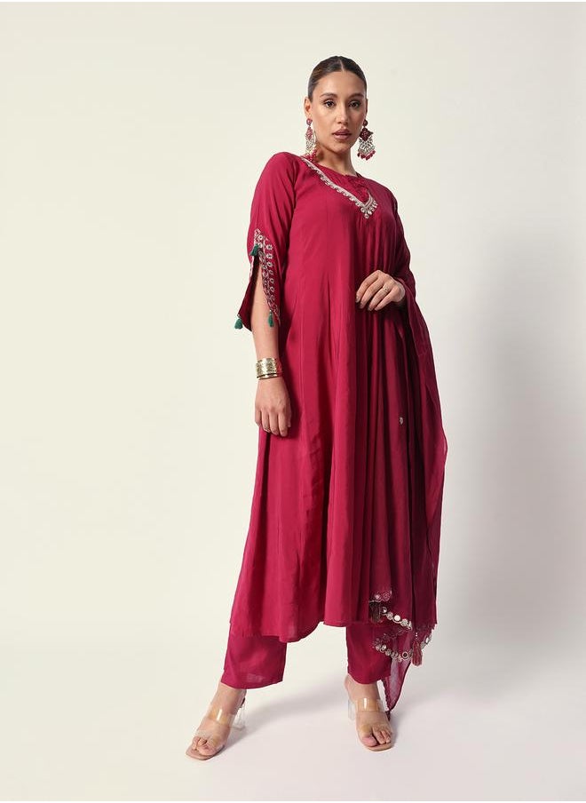 Women's Pink Silk Textured Tunic Full Palazzo Regular Fit Kurta Set