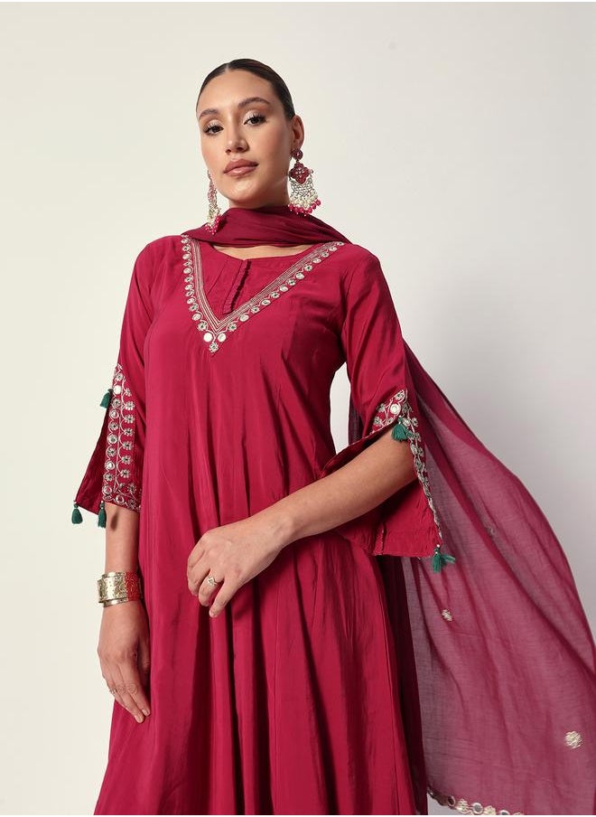 Women's Pink Silk Textured Tunic Full Palazzo Regular Fit Kurta Set