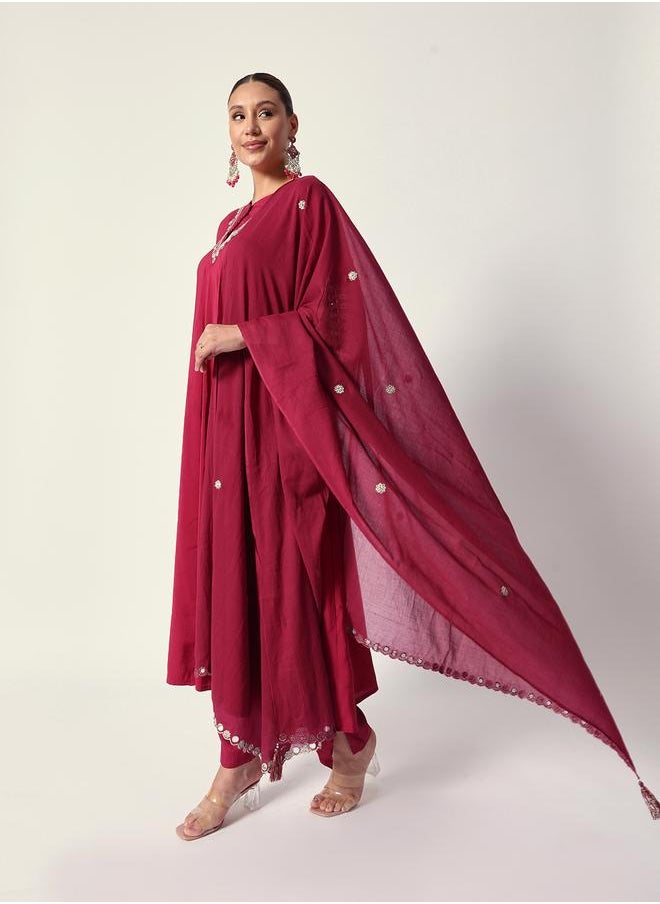 Women's Pink Silk Textured Tunic Full Palazzo Regular Fit Kurta Set