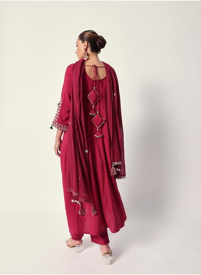 Women's Pink Silk Textured Tunic Full Palazzo Regular Fit Kurta Set