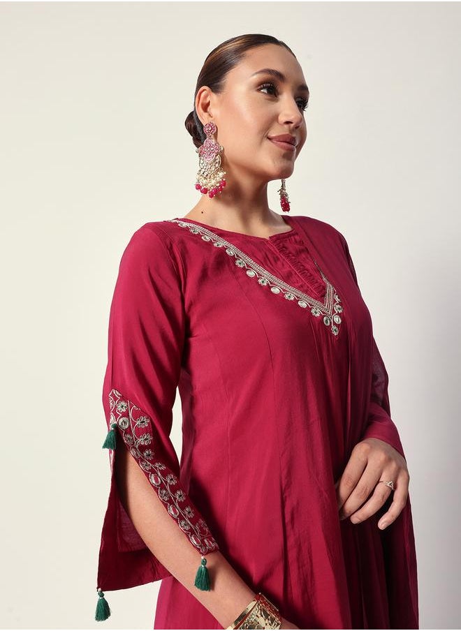 Women's Pink Silk Textured Tunic Full Palazzo Regular Fit Kurta Set