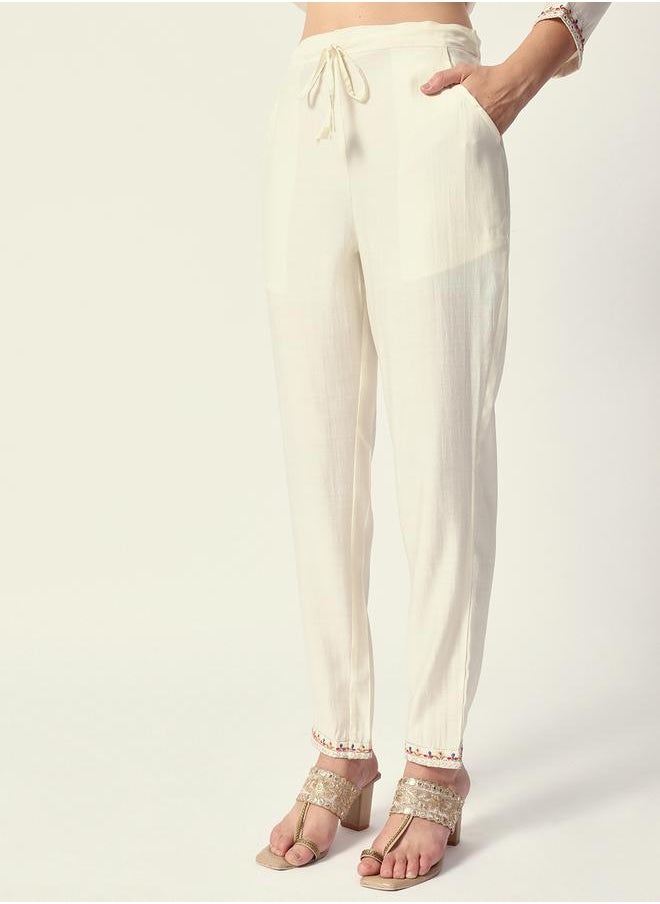 Women's Off White Rayon Textured Tunic Full Palazzo Regular Fit Kurta Set