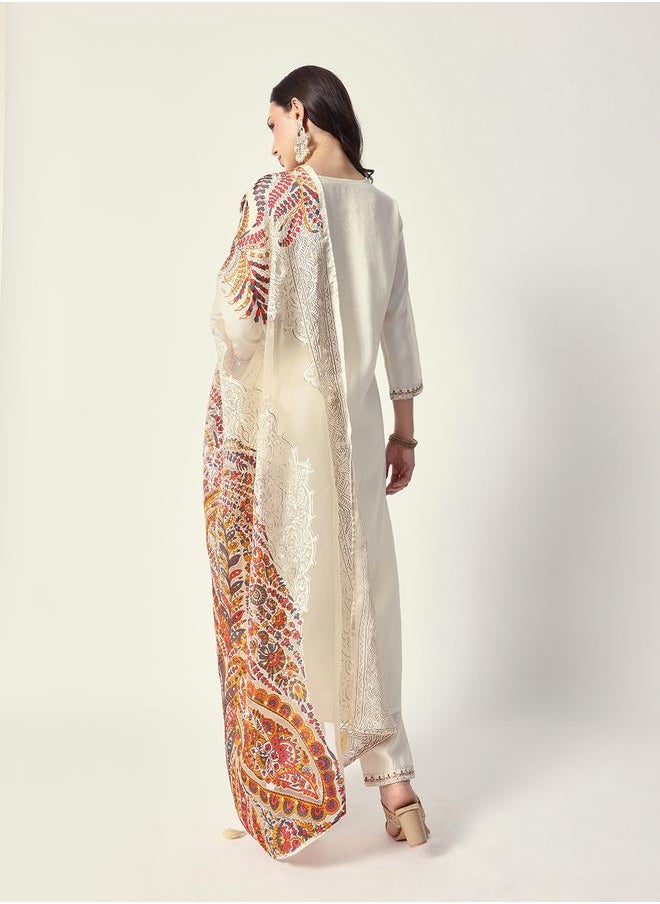 Women's Off White Rayon Textured Tunic Full Palazzo Regular Fit Kurta Set