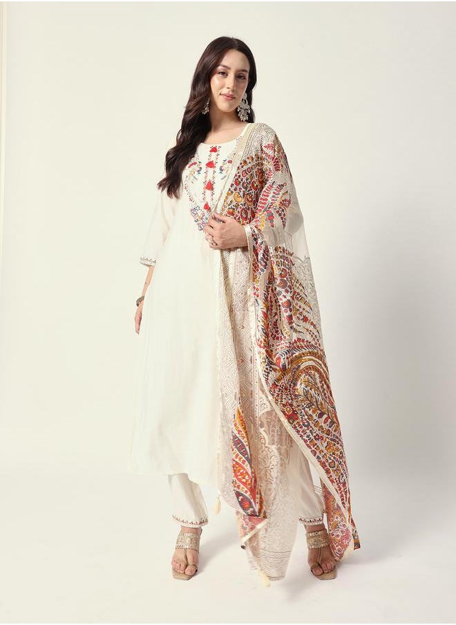 Women's Off White Rayon Textured Tunic Full Palazzo Regular Fit Kurta Set