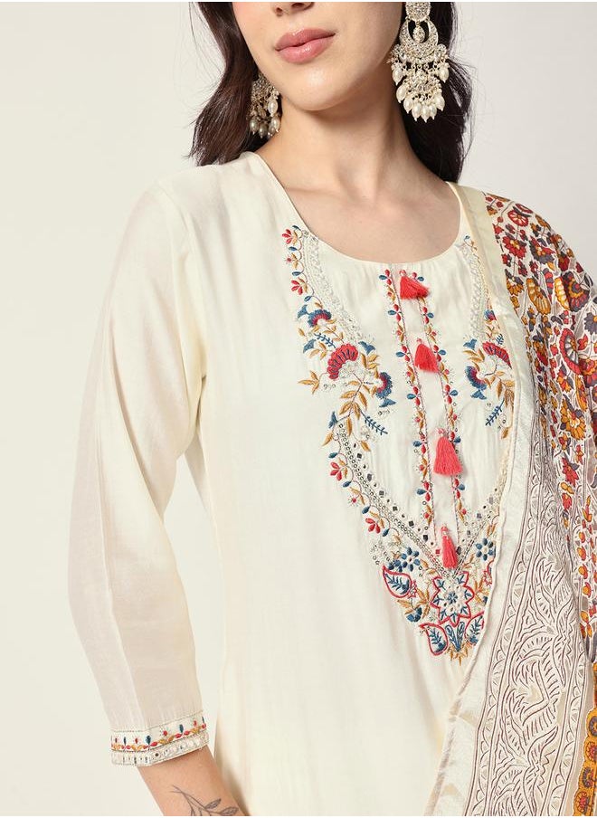Women's Off White Rayon Textured Tunic Full Palazzo Regular Fit Kurta Set