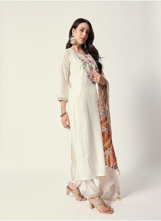 Women's Off White Rayon Textured Tunic Full Palazzo Regular Fit Kurta Set