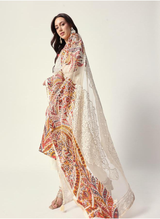 Women's Off White Rayon Textured Tunic Full Palazzo Regular Fit Kurta Set