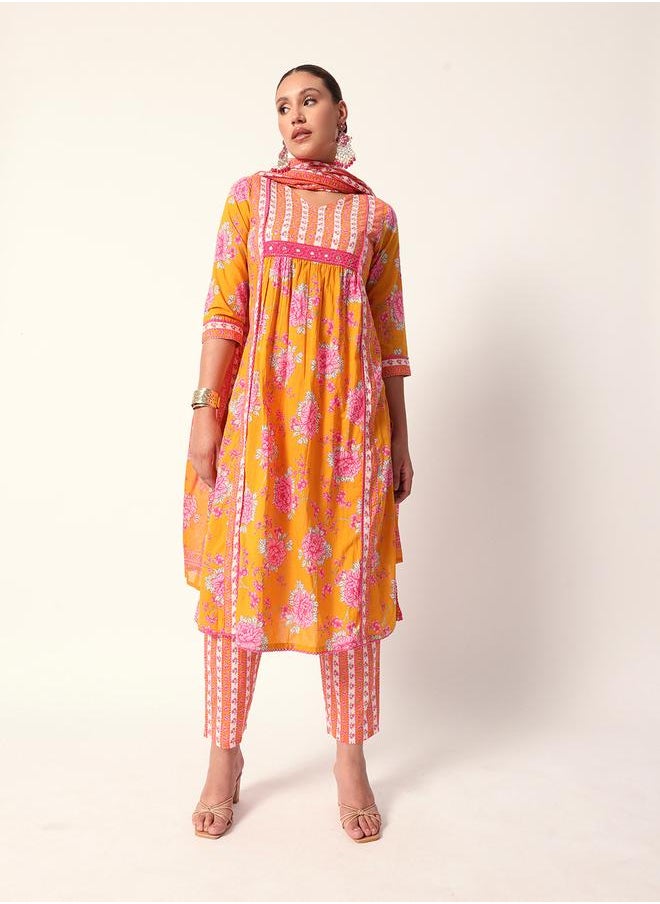 Women's Mustard Cotton Textured Tunic Full Palazzo Regular Fit Kurta Set