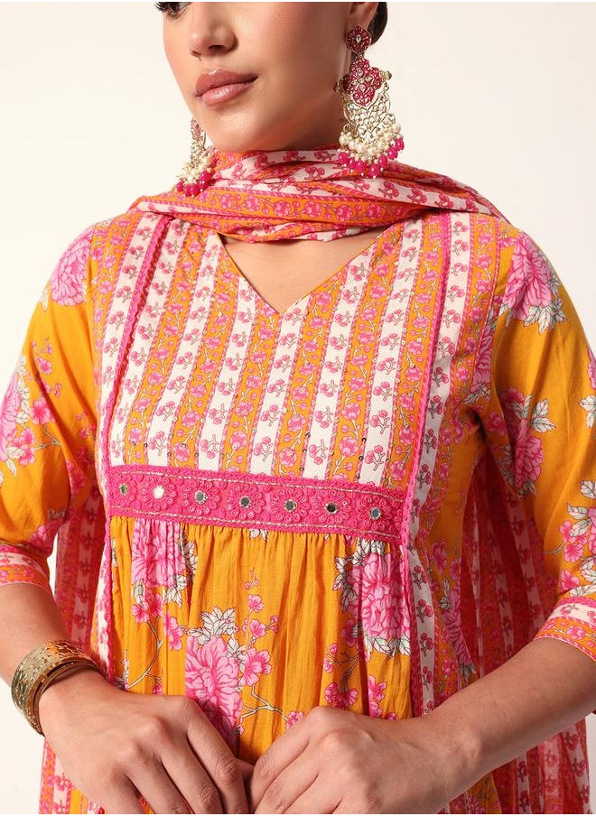 Women's Mustard Cotton Textured Tunic Full Palazzo Regular Fit Kurta Set