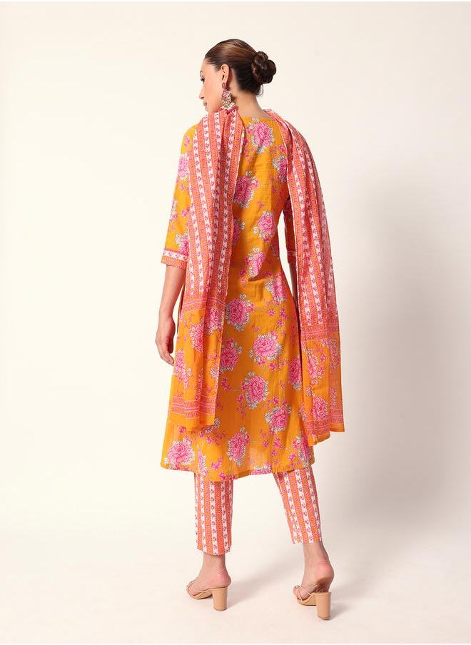 Women's Mustard Cotton Textured Tunic Full Palazzo Regular Fit Kurta Set