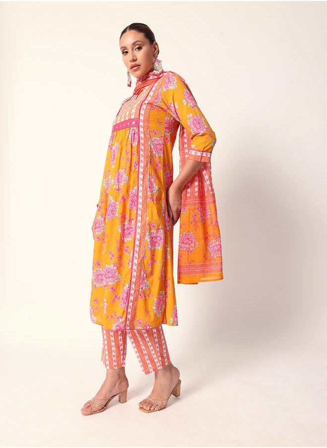 Women's Mustard Cotton Textured Tunic Full Palazzo Regular Fit Kurta Set