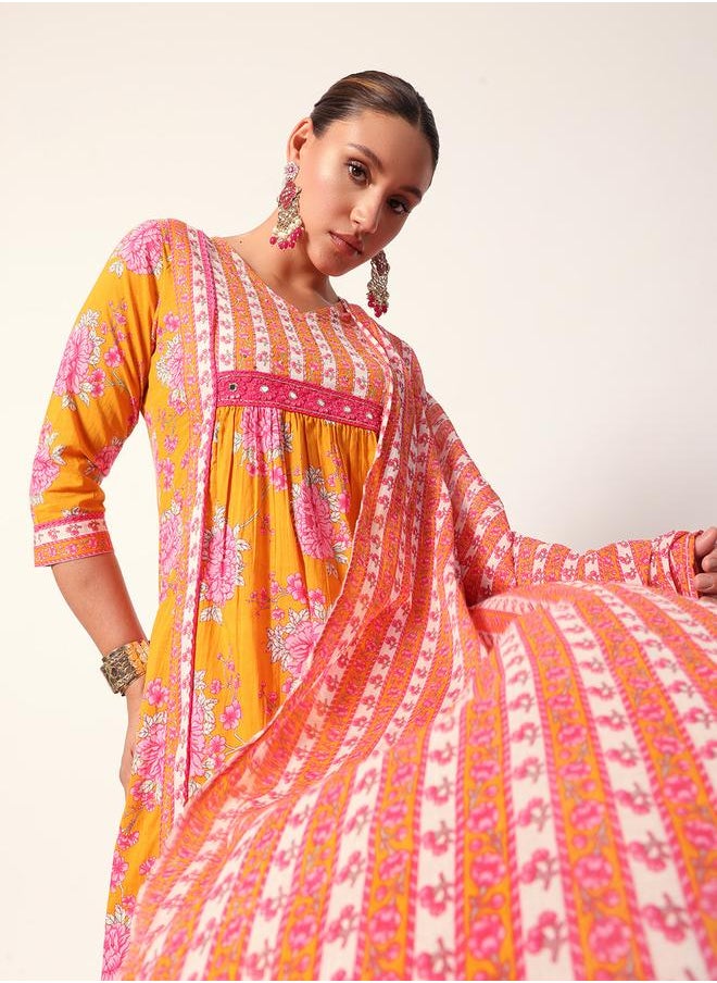 Women's Mustard Cotton Textured Tunic Full Palazzo Regular Fit Kurta Set