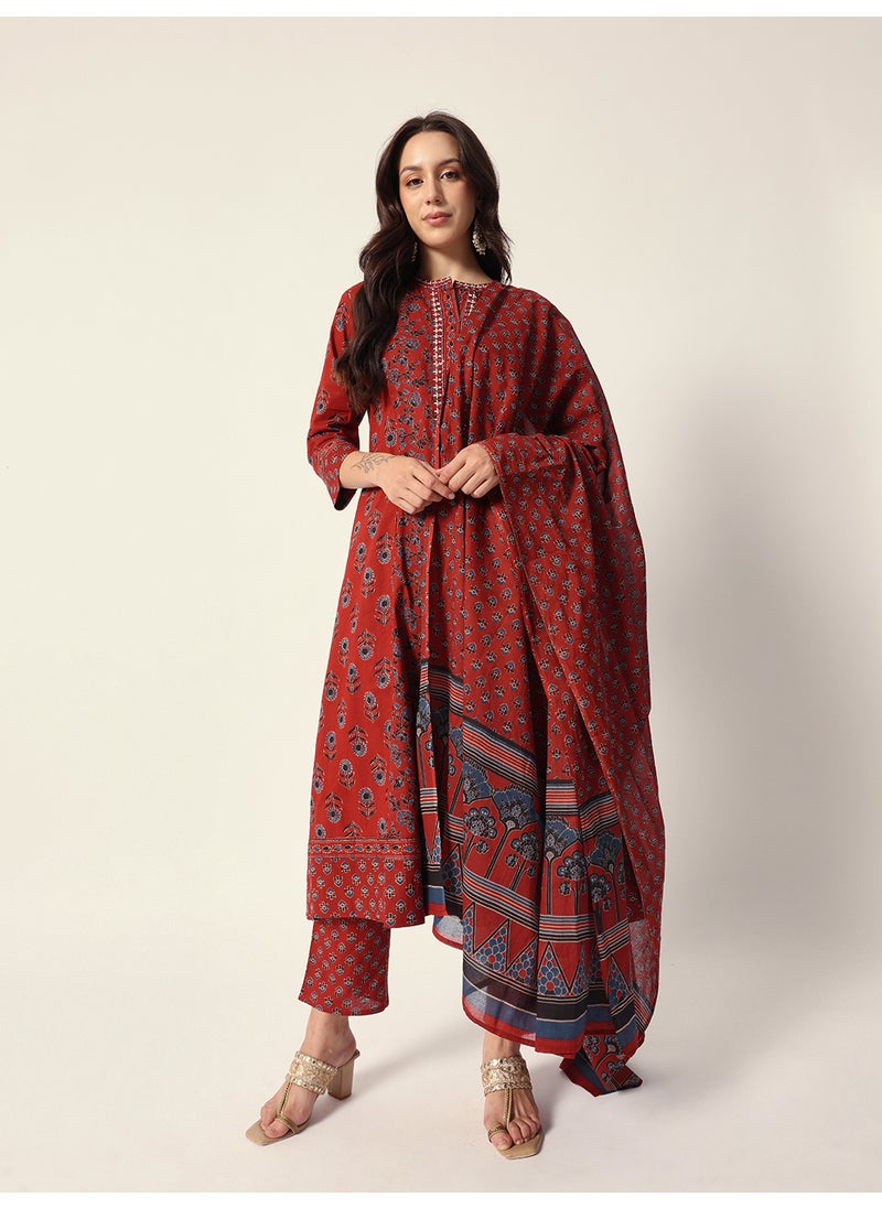 Women's Red Cotton Textured Tunic Full Palazzo Regular Fit Kurta Set
