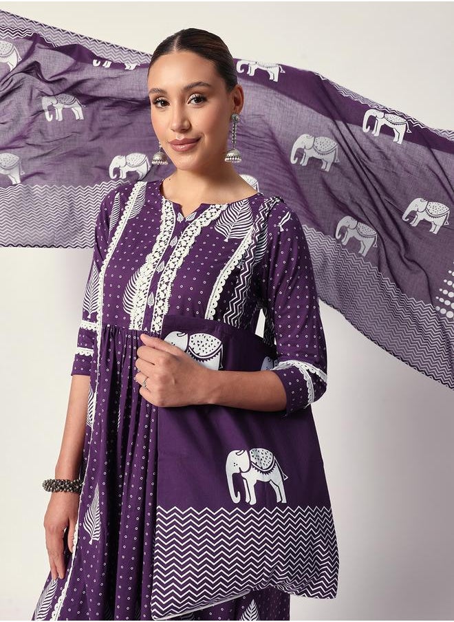 Women's Purple Cotton Textured Tunic Full Palazzo Regular Fit Kurta Set