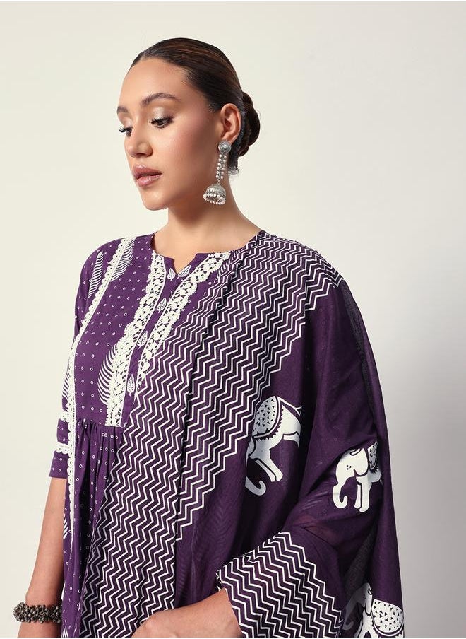 Women's Purple Cotton Textured Tunic Full Palazzo Regular Fit Kurta Set