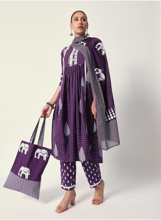 Women's Purple Cotton Textured Tunic Full Palazzo Regular Fit Kurta Set