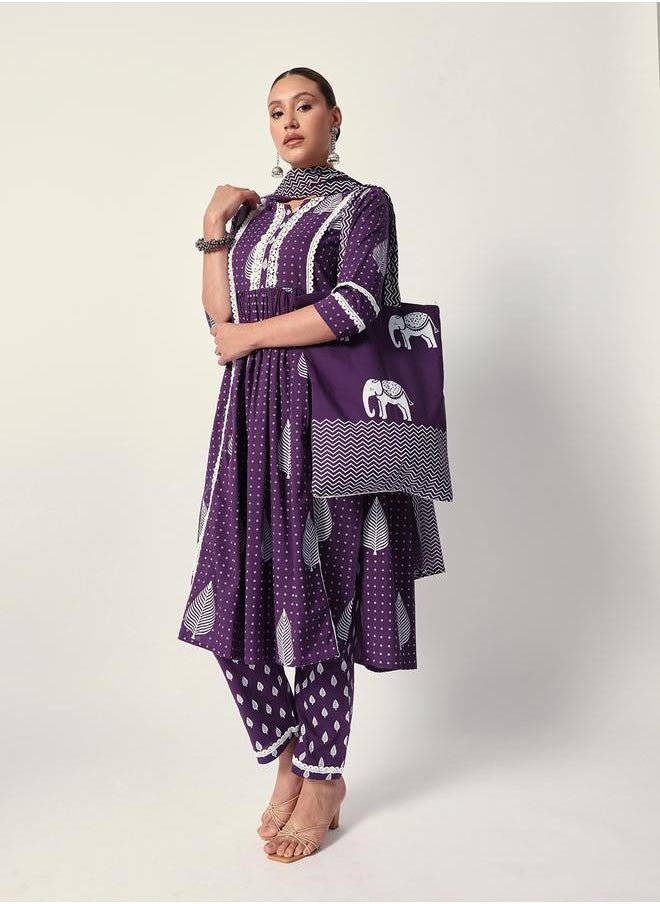 Women's Purple Cotton Textured Tunic Full Palazzo Regular Fit Kurta Set