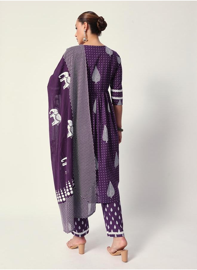 Women's Purple Cotton Textured Tunic Full Palazzo Regular Fit Kurta Set