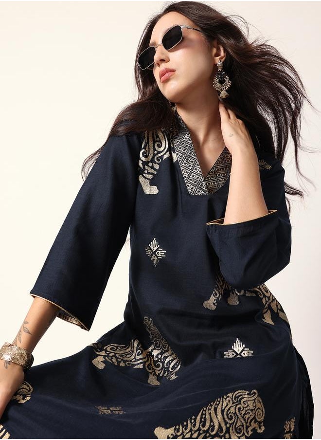 Women's Navy Polyester Blend Textured Tunic Full Palazzo Regular Fit Kurta Set