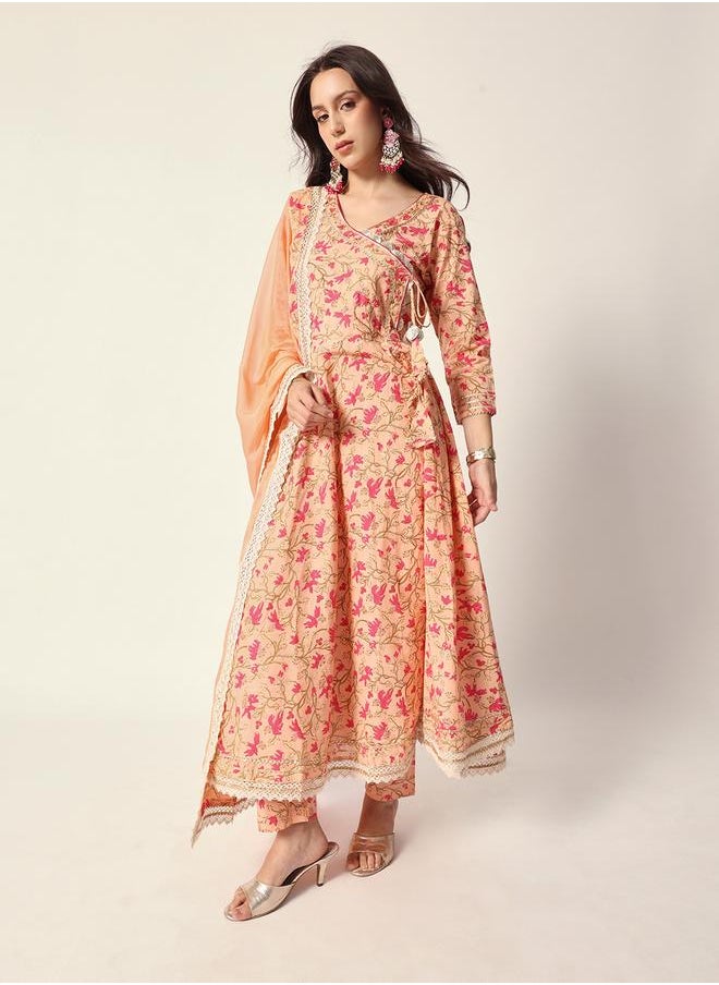 Women's Peach Cotton Textured Tunic Full Palazzo Regular Fit Kurta Set