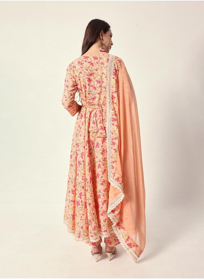 Women's Peach Cotton Textured Tunic Full Palazzo Regular Fit Kurta Set