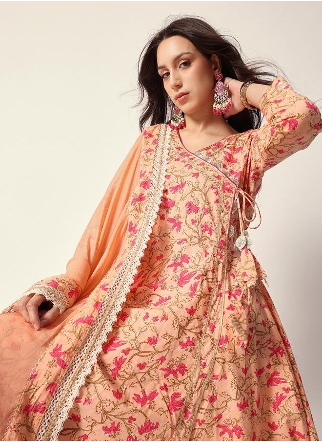 Women's Peach Cotton Textured Tunic Full Palazzo Regular Fit Kurta Set