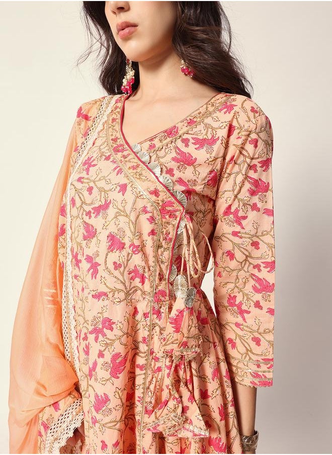 Women's Peach Cotton Textured Tunic Full Palazzo Regular Fit Kurta Set