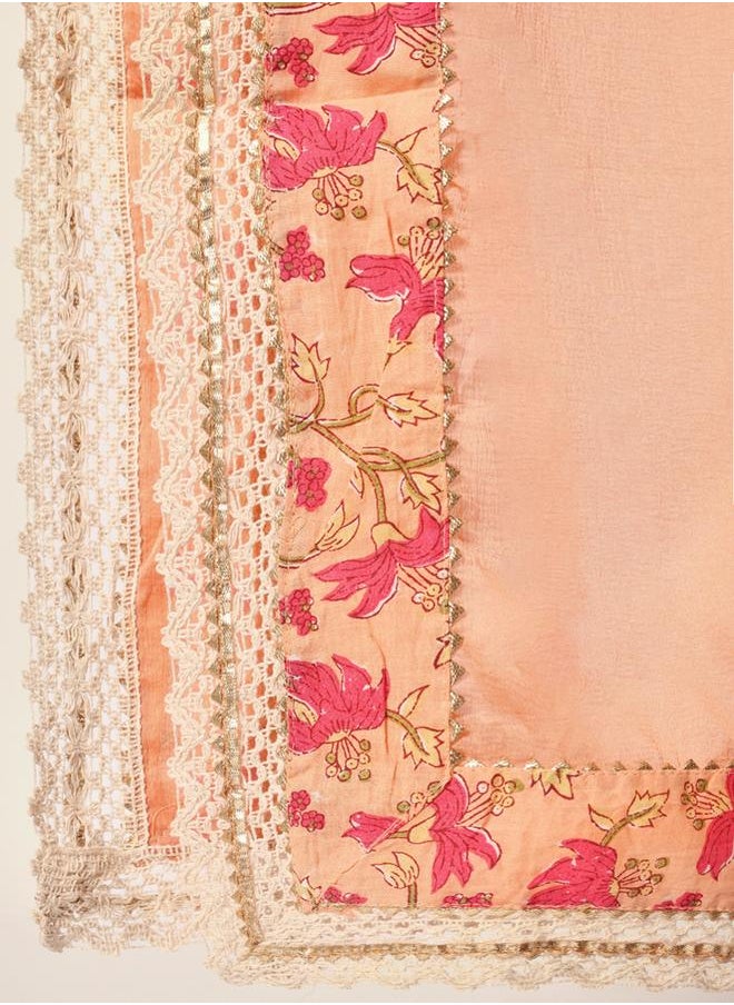 Women's Peach Cotton Textured Tunic Full Palazzo Regular Fit Kurta Set