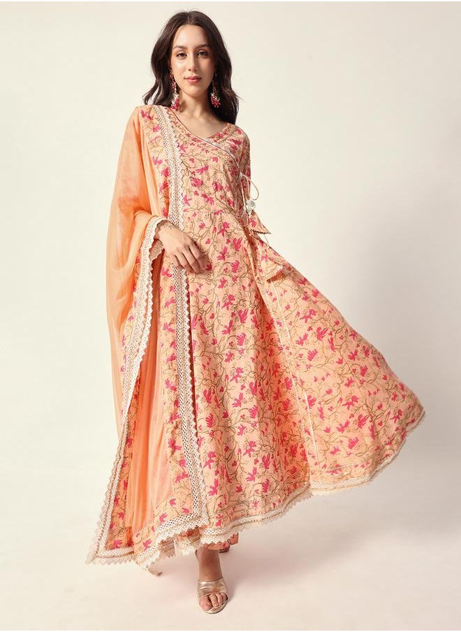 Women's Peach Cotton Textured Tunic Full Palazzo Regular Fit Kurta Set