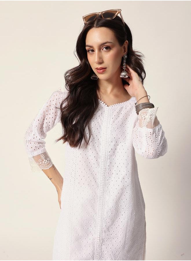 Women's White Cotton Textured Tunic Full Palazzo Regular Fit Kurta Set