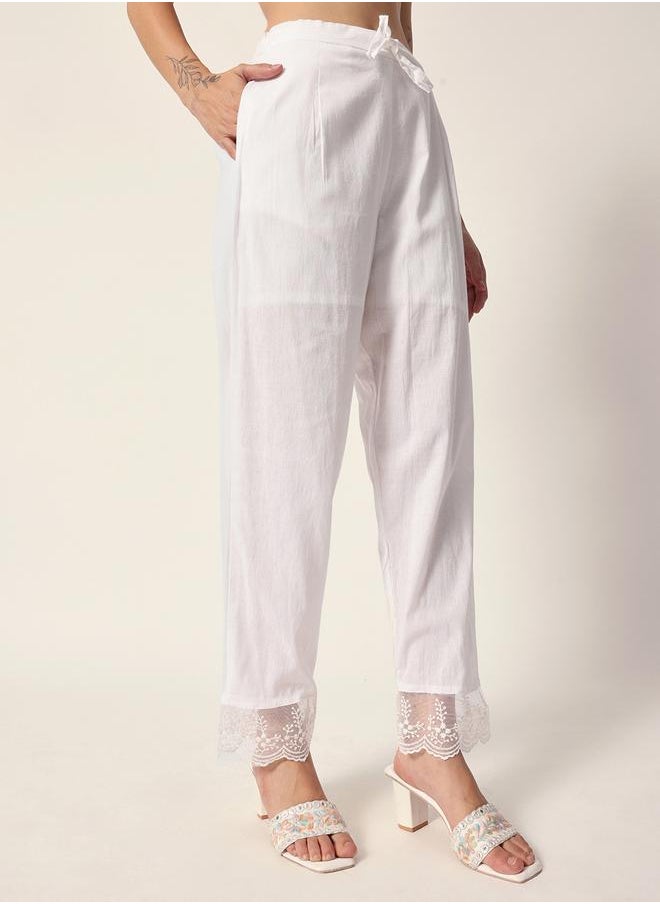 Women's White Cotton Textured Tunic Full Palazzo Regular Fit Kurta Set