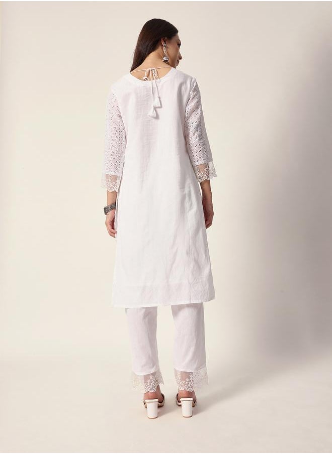 Women's White Cotton Textured Tunic Full Palazzo Regular Fit Kurta Set