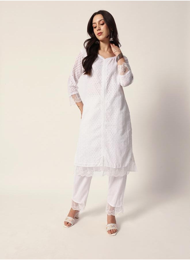 Women's White Cotton Textured Tunic Full Palazzo Regular Fit Kurta Set