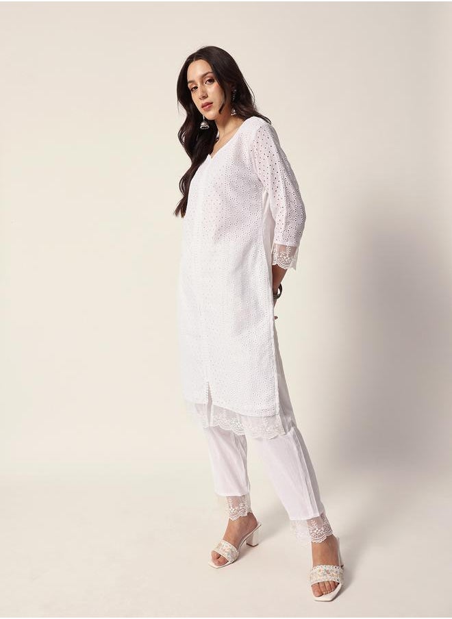 Women's White Cotton Textured Tunic Full Palazzo Regular Fit Kurta Set