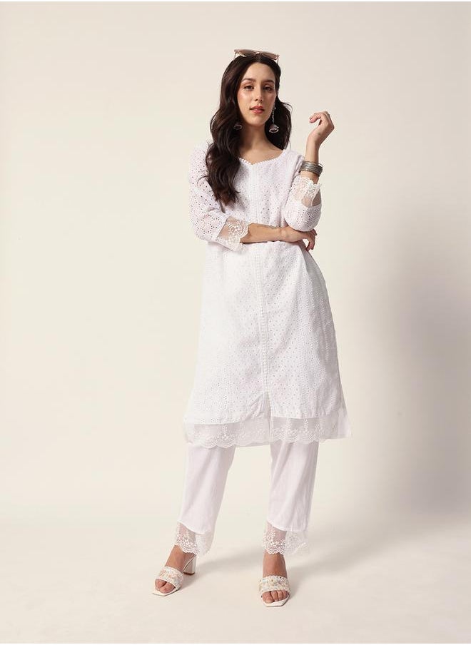 Women's White Cotton Textured Tunic Full Palazzo Regular Fit Kurta Set